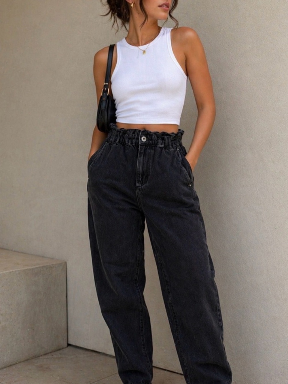 Zara Black Paperbag Waist Boyfriend Jeans